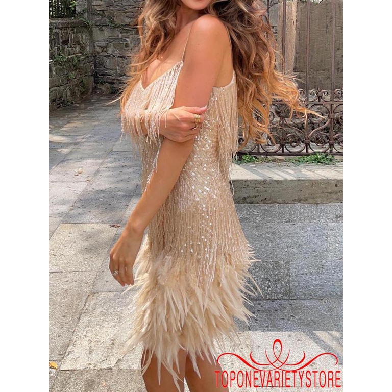 Topone Đầm Nữ Hai Dây Cổ Chữ V Tua Rua Lông Vũ Thời Trang