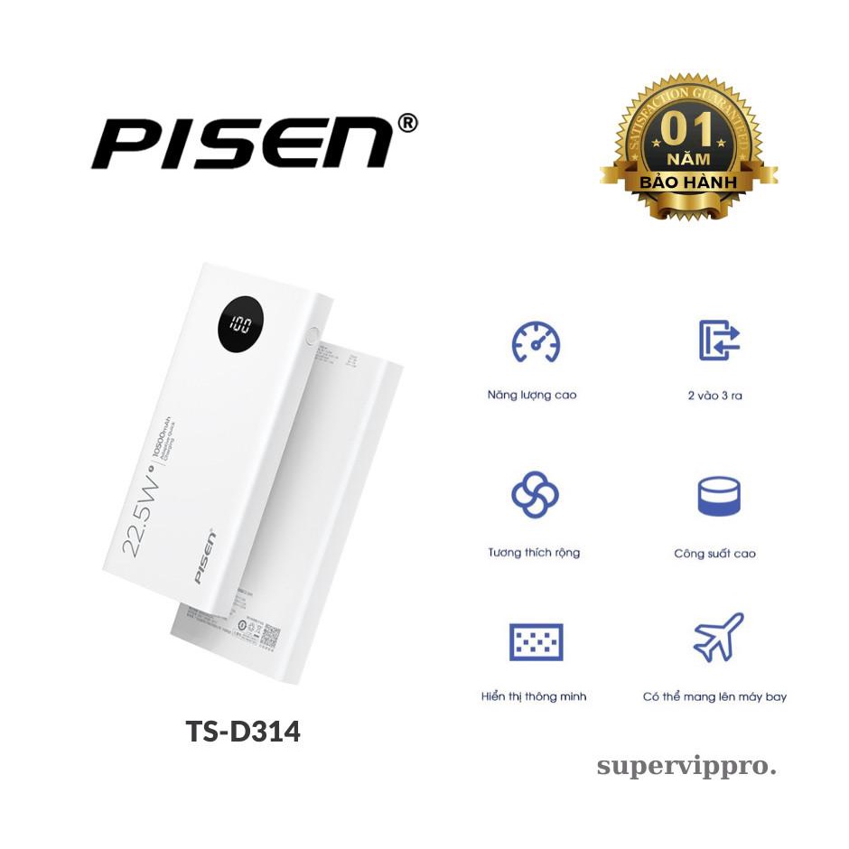 Pin sạc dự phòng Pisen Quick 10500mAh LED TS-314 (sạc nhanh, công suất sạc 22.5W, tương thích mọi thiết bị)