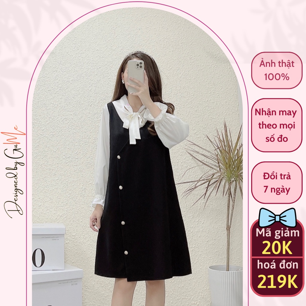 Váy bầu bigsize - Đầm bầu thiết kế GuMe màu đen dáng suông GIẢ YẾM đính cúc ngọc sang chảnh, cổ nơ xinh xắn- MB176