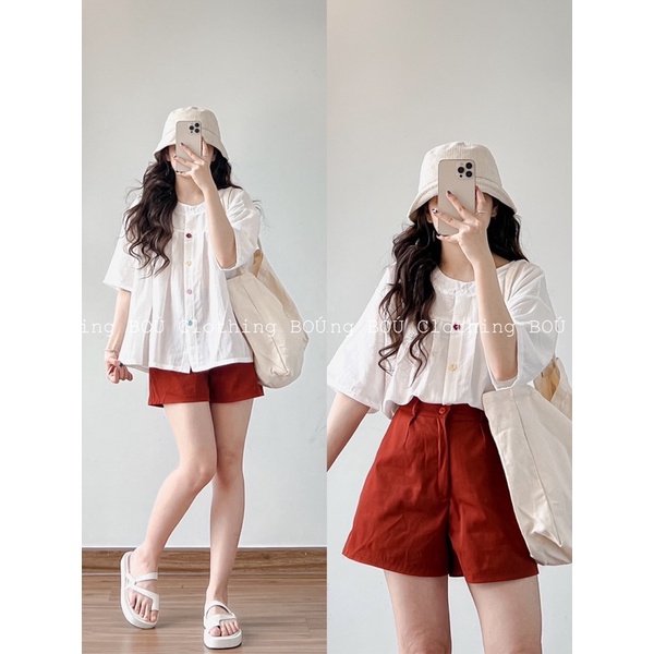 Set áo babydoll cổ trụ phối quần short kem dễ thương, năng động dành cho nữ (ảnh thật)