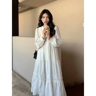 Váy trắng dài tay form rộng đầm babydoll dáng dài váy tiểu thư cổ sơ mi retro kiểu hàn quốc váy đi chơi chali v150