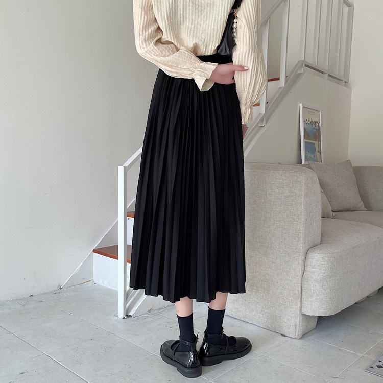 Chân Váy Chữ a Xếp Ly Lưng Cao Màu Trơn Phối Khóa Kim Loại Thời Trang Mùa Xuân Phong Cách Hàn Quốc Cho Nữ