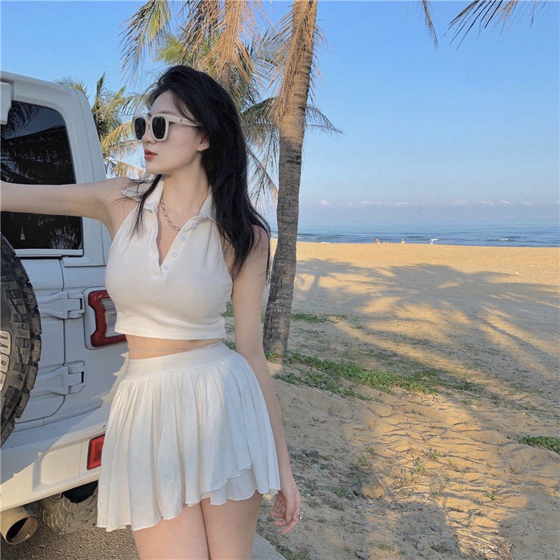 Áo Hai Dây Cổ Polo Màu Trơn Thời Trang Mùa Hè Cho Nữ