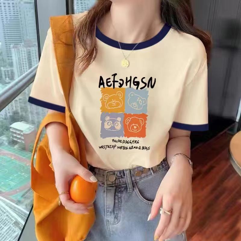 Áo Thun 100% Cotton Tay Ngắn Dáng Rộng Màu Kem Tương Phản Thời Trang Mùa Hè Hàng Mới 2023 Dành Cho Bạn Nữ