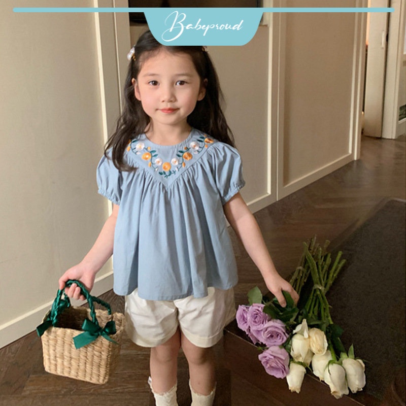 BABEPROUD Bộ Áo Thêu Hoa + Quần Short Cotton Dễ Thương Dành Cho Bé Gái 1-6 Tuổi