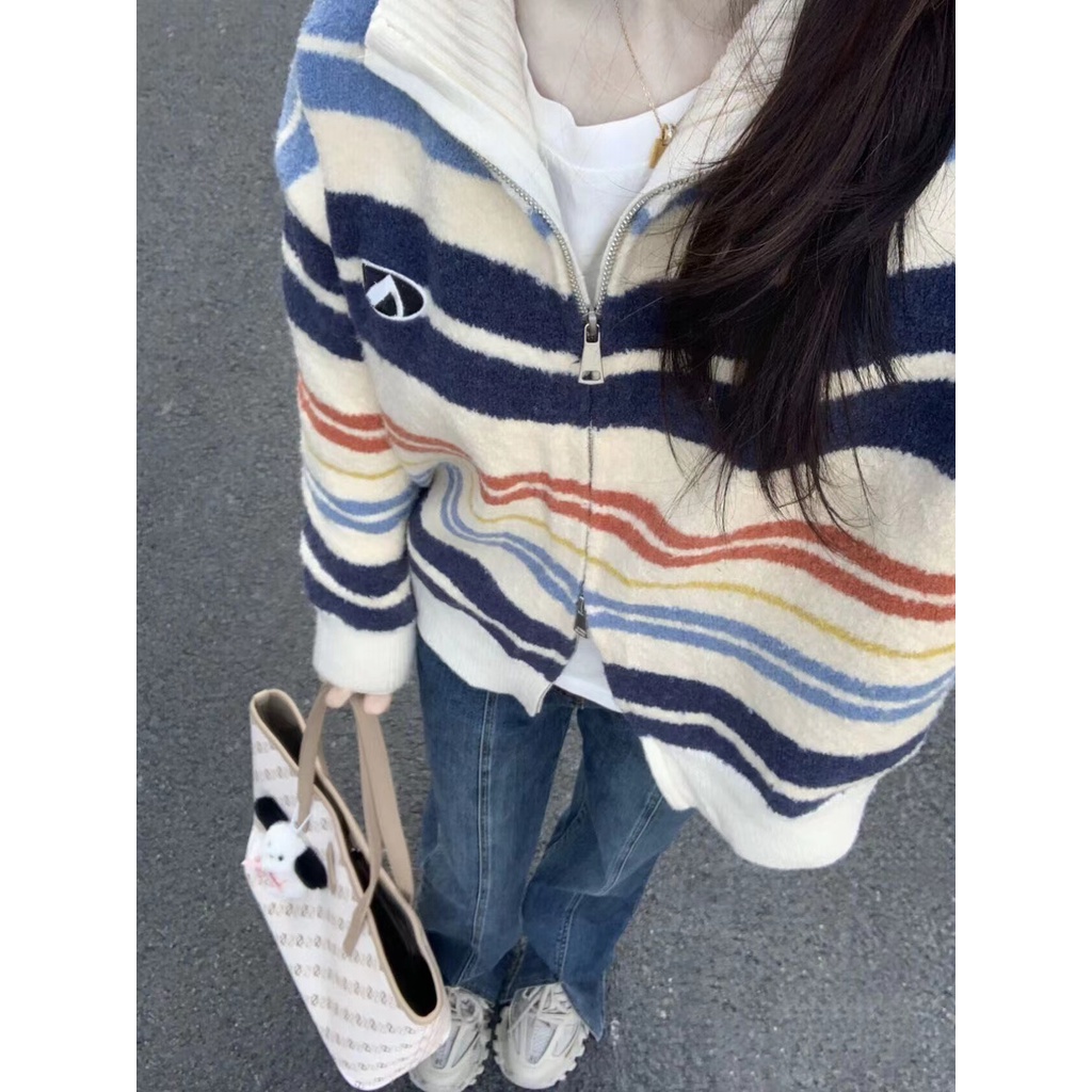 Áo Khoác Cardigan Dệt Kim Dáng Rộng Cổ Bẻ Hai Dây Kéo Màu Sắc Tương Phản Phong Cách Lười Retro