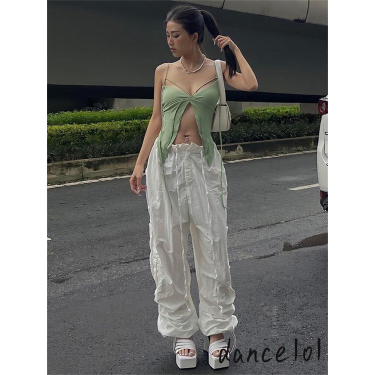 Dance1o1-Áo hai dây Hở Lưng Màu Trơn Mùa Hè Giản Dị Dành Cho Bạn Nữ