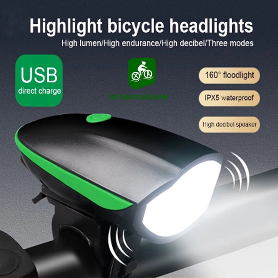 Đèn xe đạp thể thao có còi chống nước sạc USB
