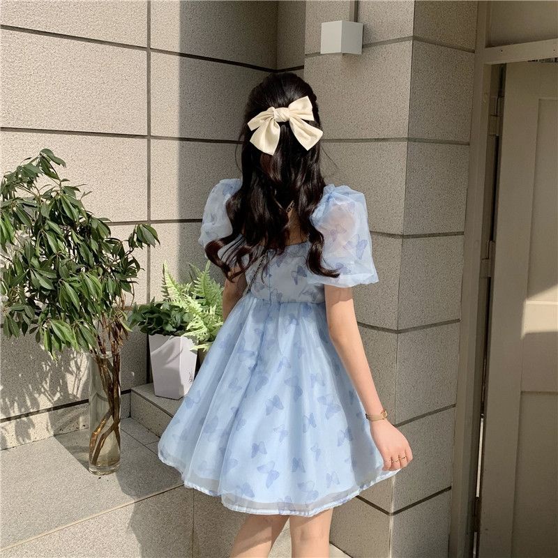 Đầm Tay Phồng Cổ Vuông Phối Lưới Phong Cách Hàn Quốc Thời Trang Mùa Hè Xinh Xắn Cho Nữ