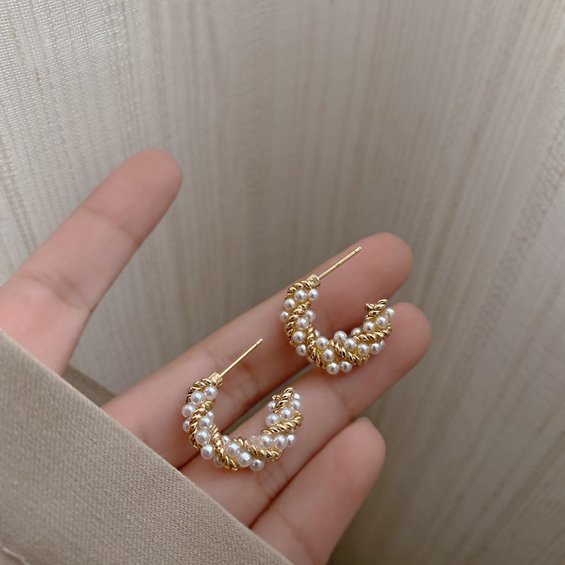 Mới Khuyên Tai Dạng Xoắn Đính Ngọc Trai Phong Cách Retro Hàn Quốc