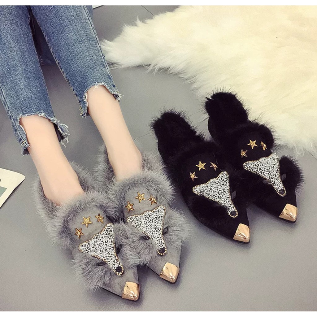 Giày Hồ Ly bông xù đính đá  2 màu Size 35->39