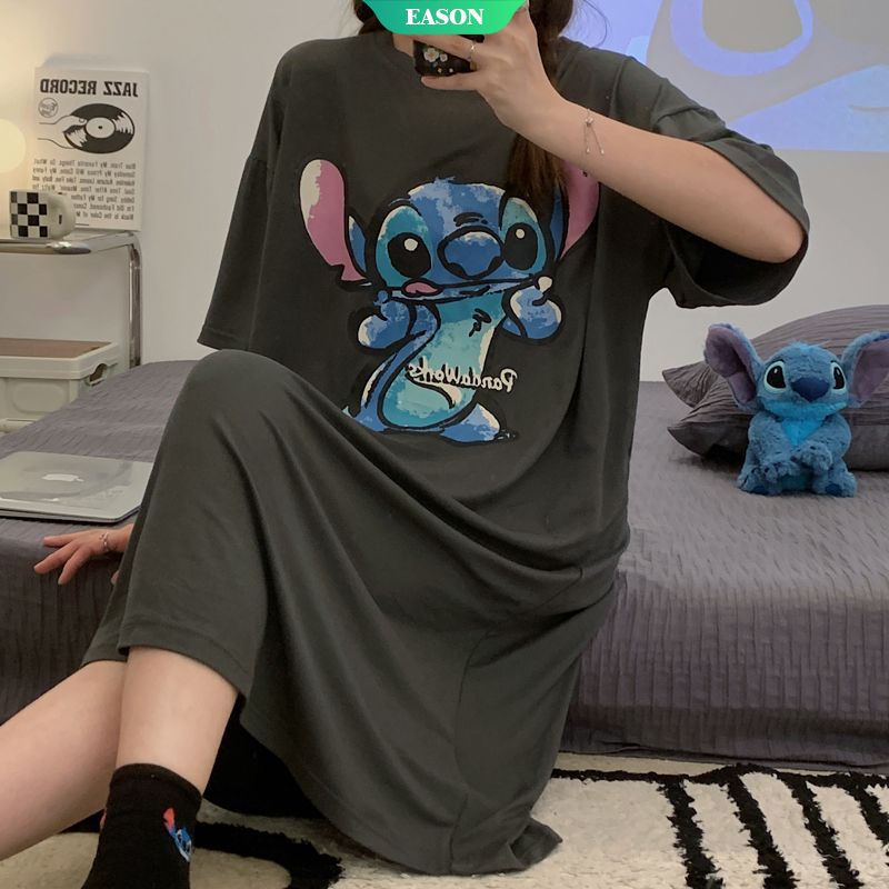 Đầm Ngủ Tay Ngắn Dáng Rộng In Hoạt Hình Stitch Nhật Bản Thời Trang Mùa Hè 2023