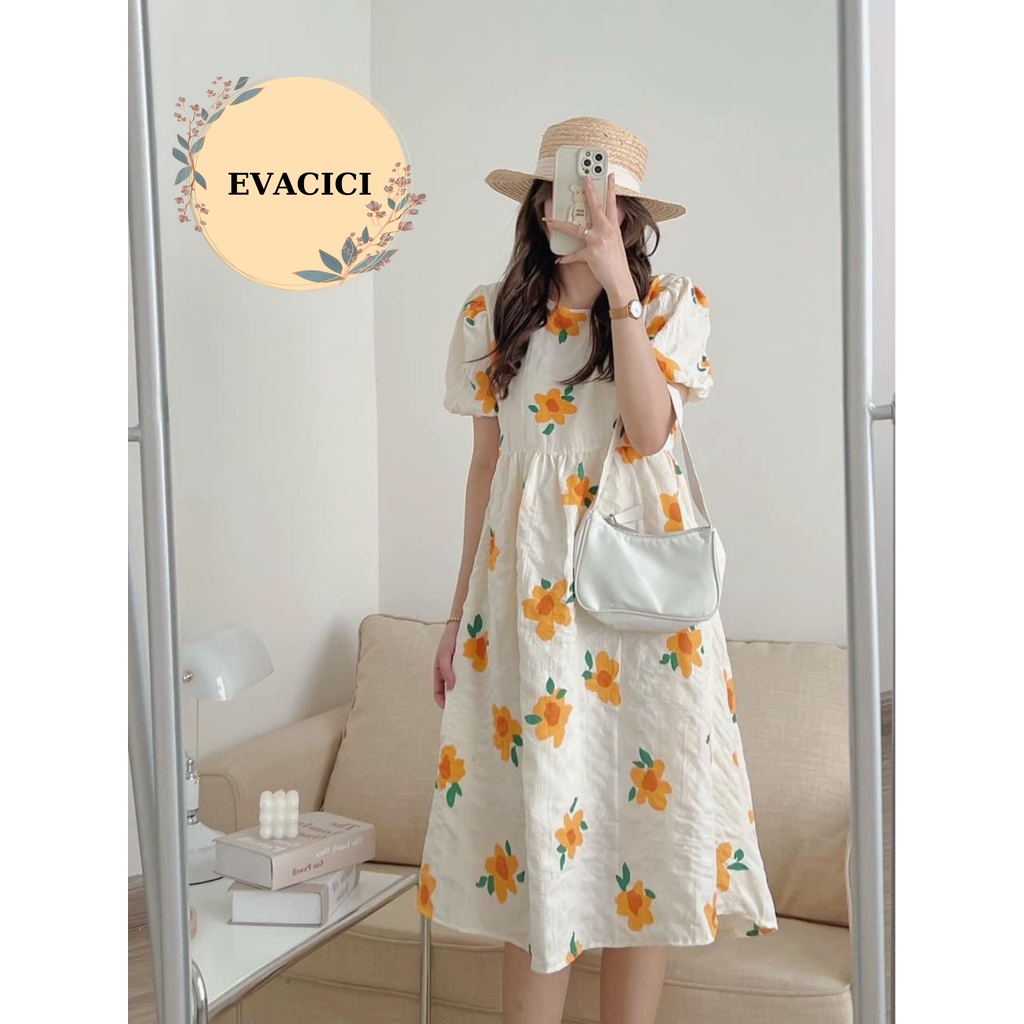 Váy Hoa Cam Dáng Dài Tay Bồng- Váy Babydoll Vải Xốp