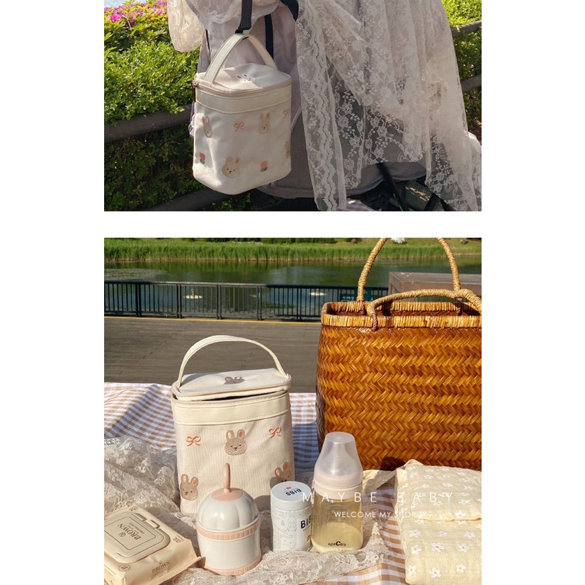 TÚI GIỮ NHIỆT BỈM SỮA THÊU HÌNH DỄ THƯƠNG - KT19*17*10cm