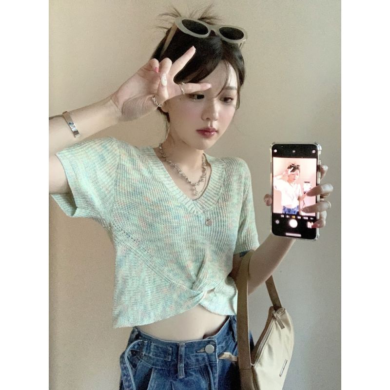 Áo Thun COZOK Dệt Kim Tay Ngắn Cổ Chữ V Màu Cầu Vồng Phong Cách Hàn Quốc