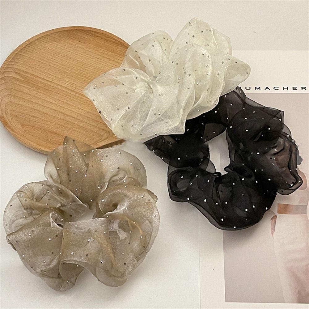 TWINKLE Dây Buộc Tóc Cao Su Co Giãn Bọc Vải Lưới Chấm Bi Đính Đá Thanh Lịch Dành Cho Nữ