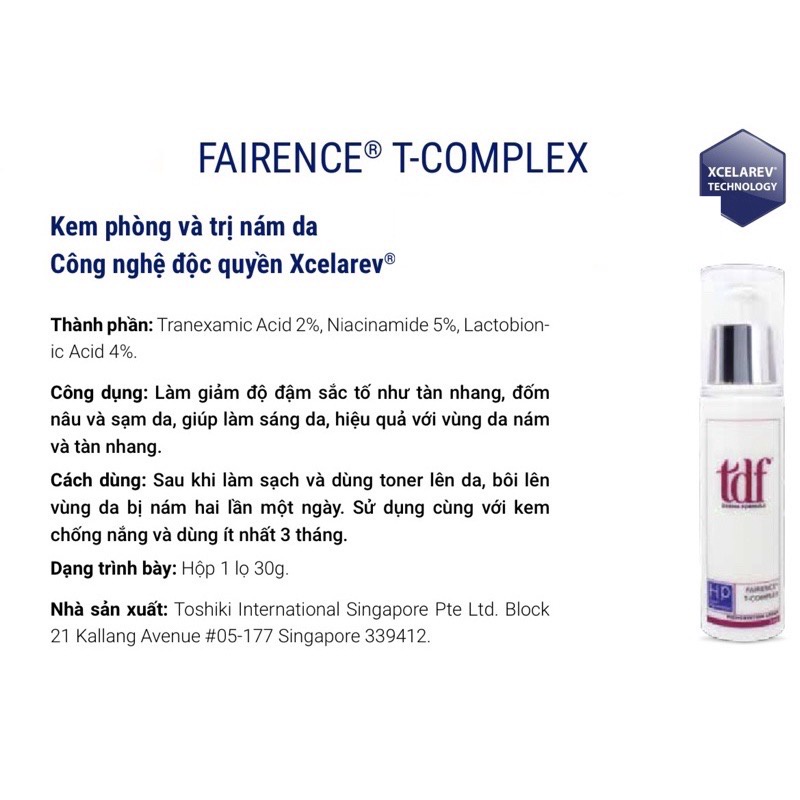 Mẫu mới Fairence T- Complex  Kem làm giảm Nám Da, Tàn Nhang, Đốm Nâu, Giúp Sáng Da Tdf Fairence chính hãng