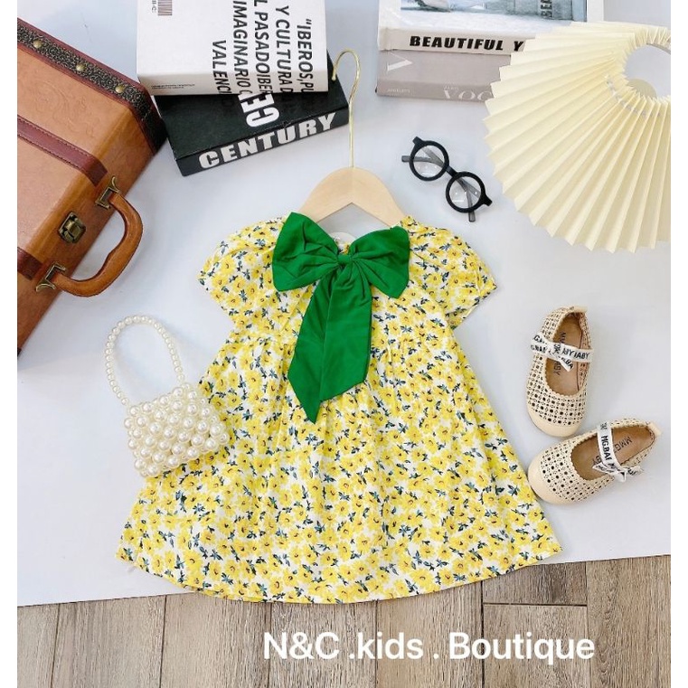 Váy hoa nhí bé gái nơ ngực tay bồng chất thô hàn đẹp mát