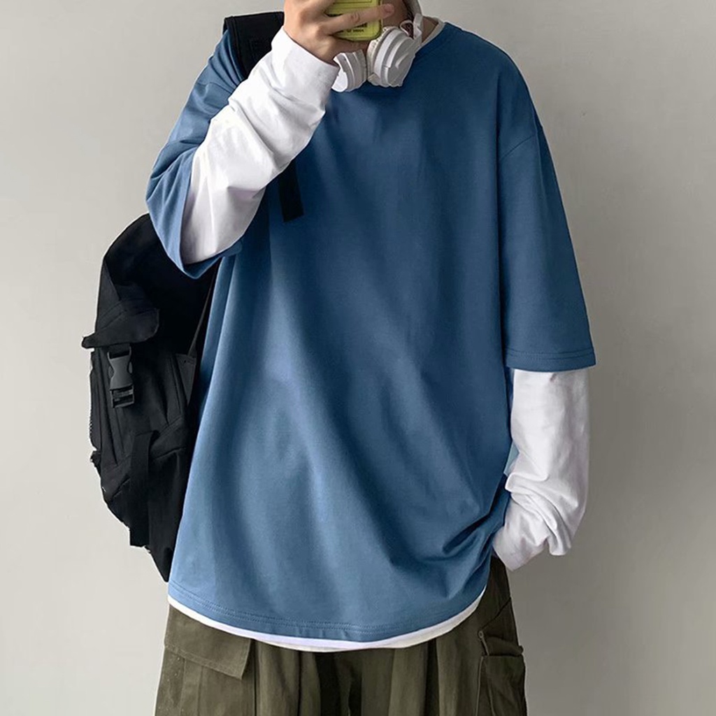 Áo Thun Tay Dài Cổ Tròn Giả Hai Lớp Mềm Mại Phong Cách Hip Hop Thời Trang Cho Nam