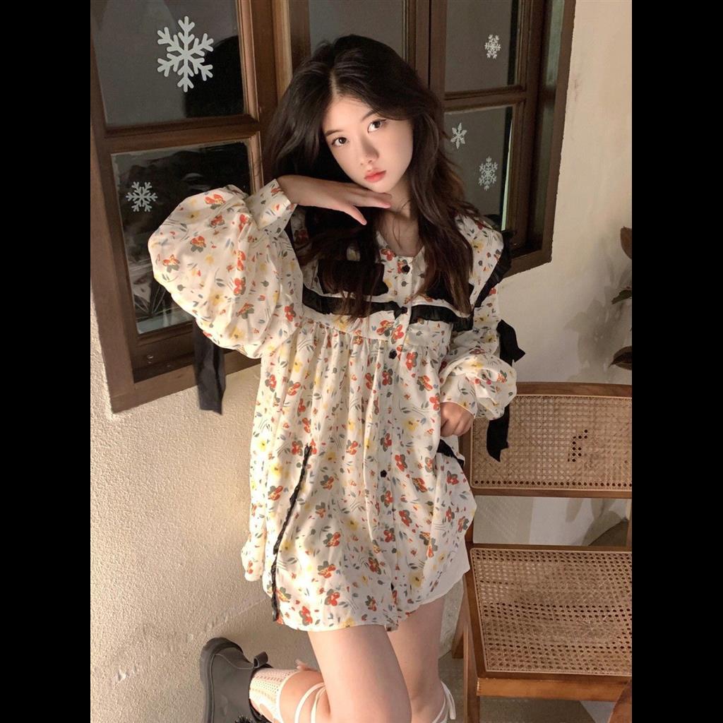 Đầm Ngắn Dáng Rộng Cổ Búp Bê In Hoa Dễ Thương Thời Trang Mùa Xuân Cho Nữ