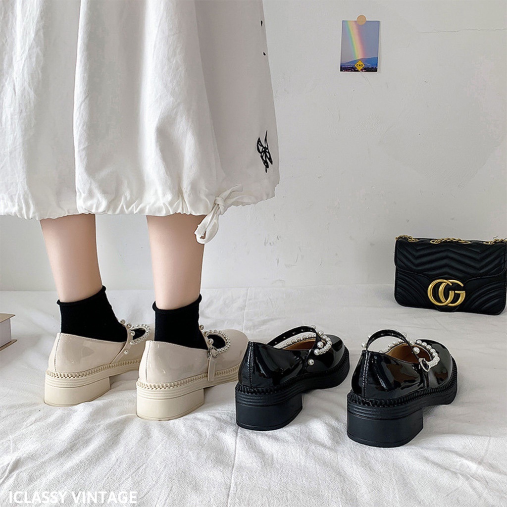 Giày Lolita Ulzzang Vintage, Giày Mary Jane Mũi Vuông Đính Ngọc Phần Viền Và Quai Đế Cao 5cm Hàn Quốc-Iclassy_shoes