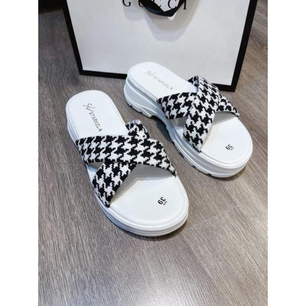 Dép bánh mì caro quai chéo cao 5 cm