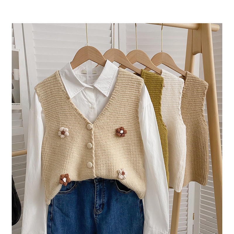 Áo Sweater Dệt Kim Không Tay Dáng Rộng Cổ Chữ V Phong Cách Hàn Quốc Dành Cho Nữ