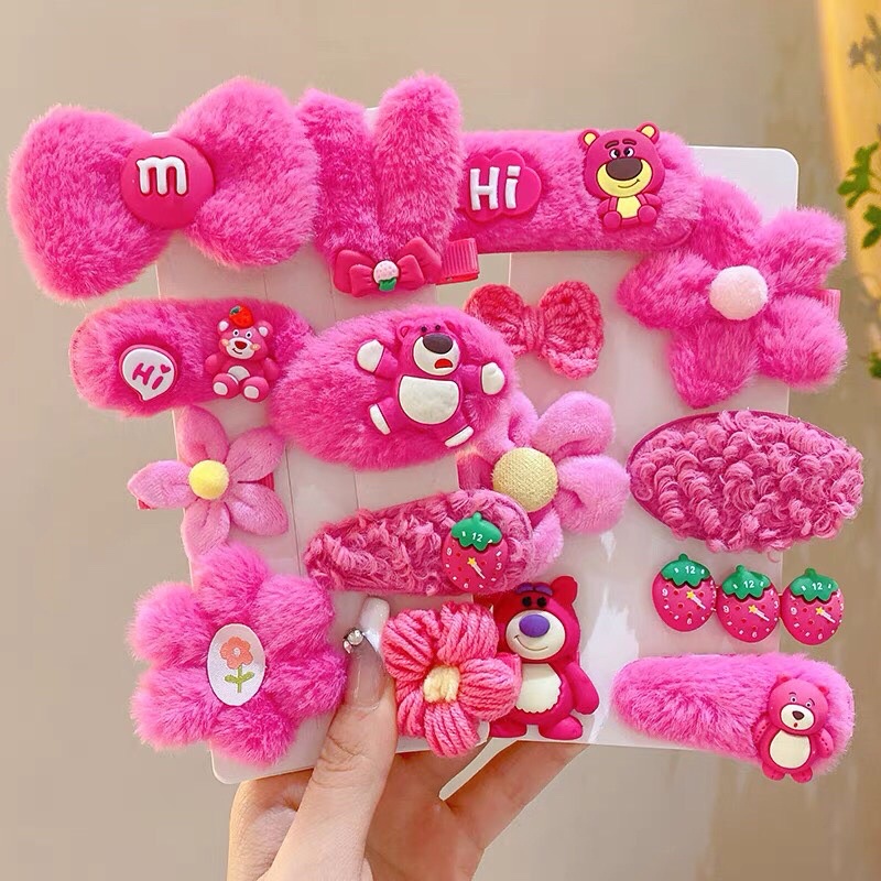 Set kẹp tóc 8 món gấu dâu hồng lotso xinh xắn dễ thương cho bé gái