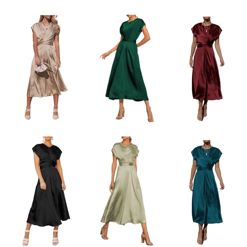 Đầm Midi Satin Dáng Chữ A Tay Ngắn Màu Sắc Trơn Cột Eo Thanh Lịch Cho Nữ