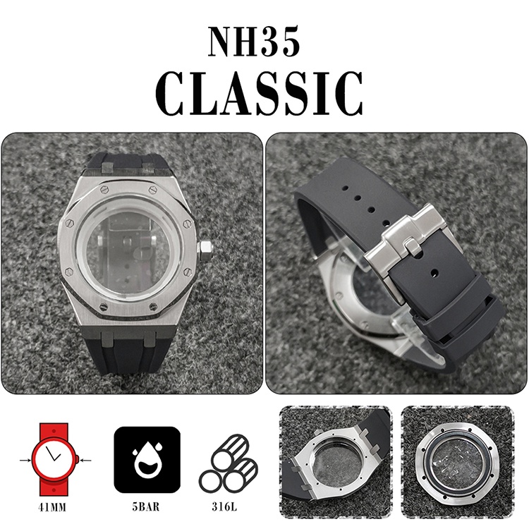 Bộ Ốp Bảo Vệ Mặt Đồng Hồ Bằng Thép 41MM + Kính Sapphire + Dây Đeo Cao Su Cho NH35 / NH36 / 4R / 7S