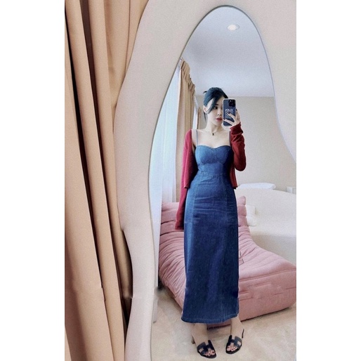 Váy Đầm Jean xanh Hai dây cúp ngực ôm eo dáng dài xoè ngang bắp chân nhẹ nhàng hot