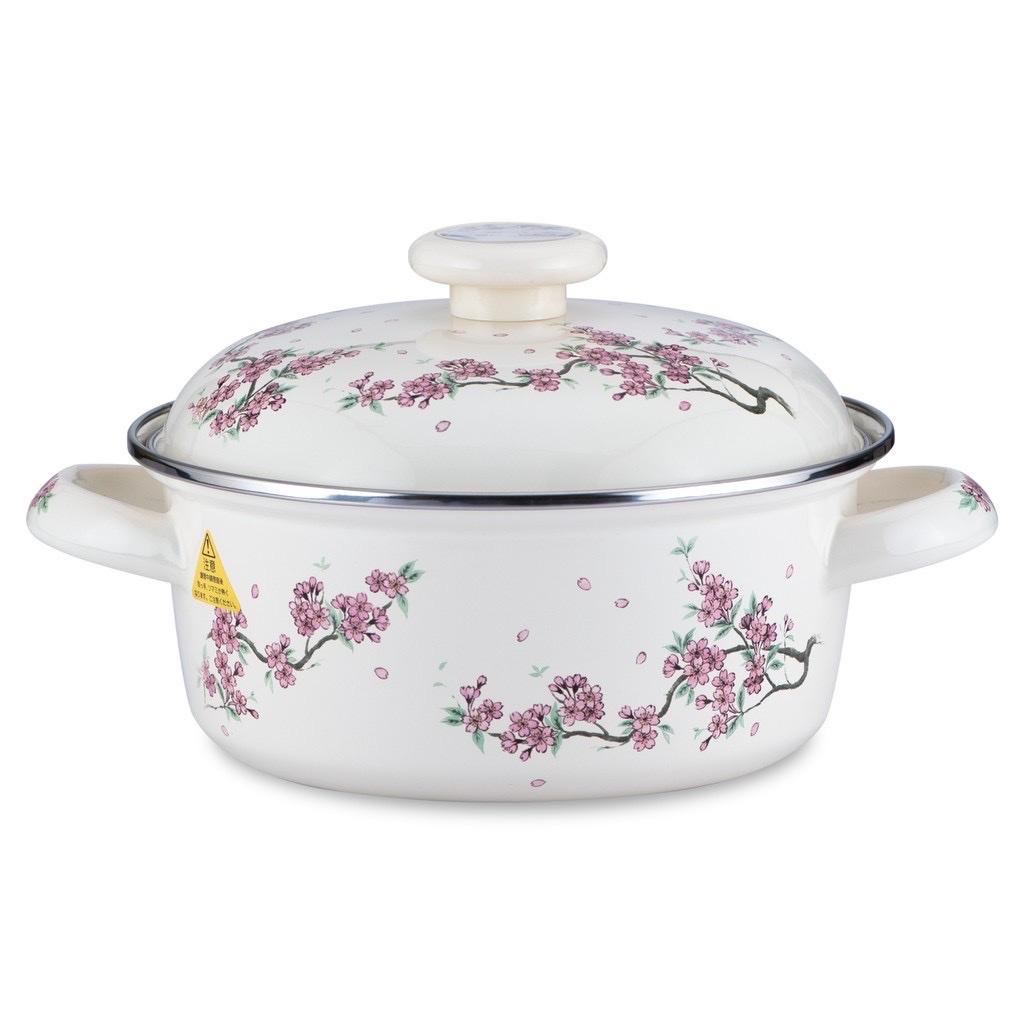 Nồi Thép tráng men Nhật Fujihoro Kawazakura SKW-12 18cm Hoa văn Sakura (Xài tốt trên bếp từ)