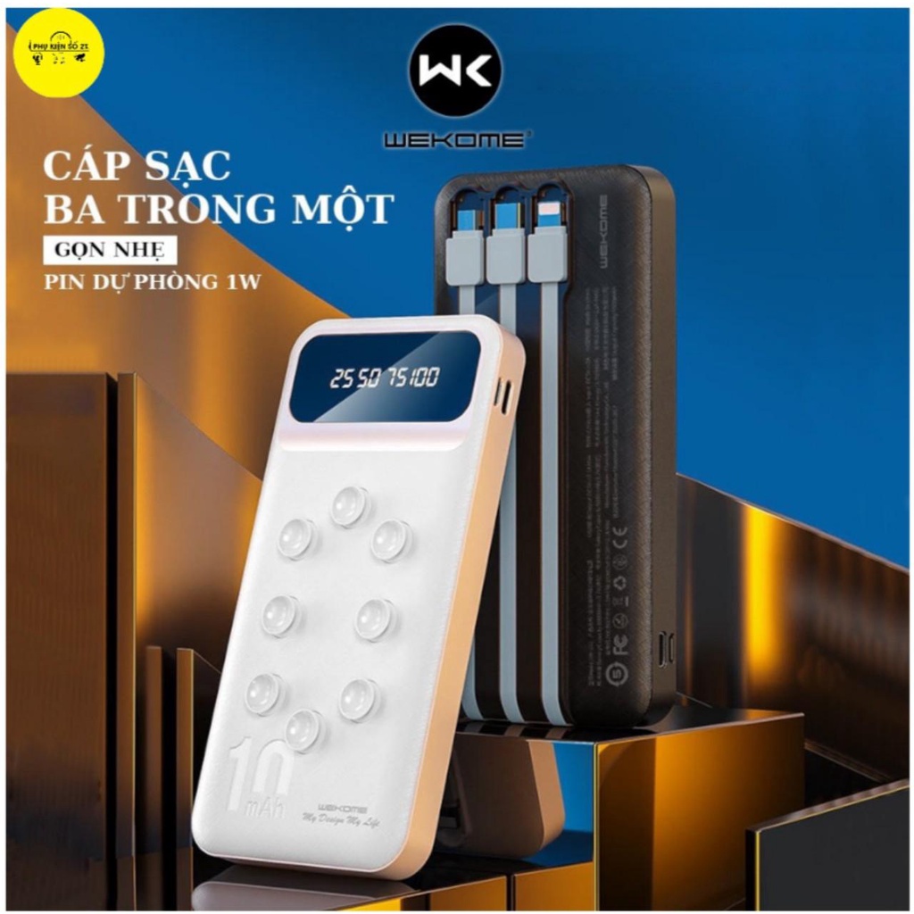 Sạc dự phòng WP233 10000mah sẵn dây 3 đầu sạc có cao su hít mặt lưng điện thoại chính hãng