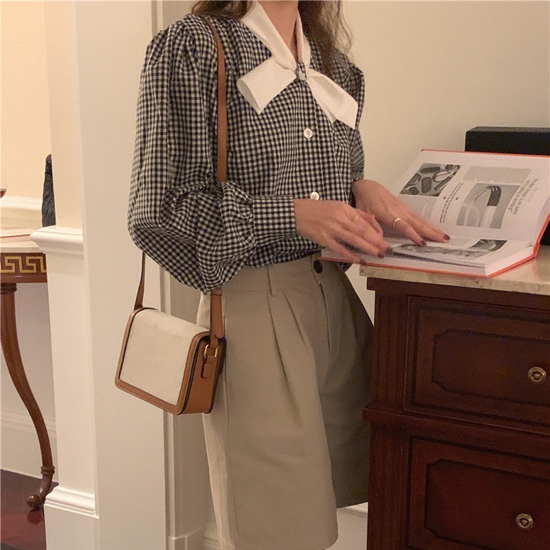 Áo sơ mi SUXI tay dài thắt nơ họa tiết kẻ sọc màu tương phản phong cách Hàn Quốc