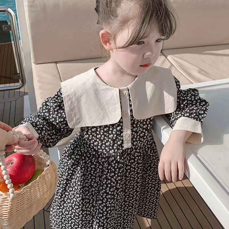 Đầm Công Chúa Tay Dài Cổ Bẻ In Họa Tiết Hoa Thời Trang Xuân Thu Phong Cách Hàn Quốc Cho Bé Gái 1-6 Tuổi