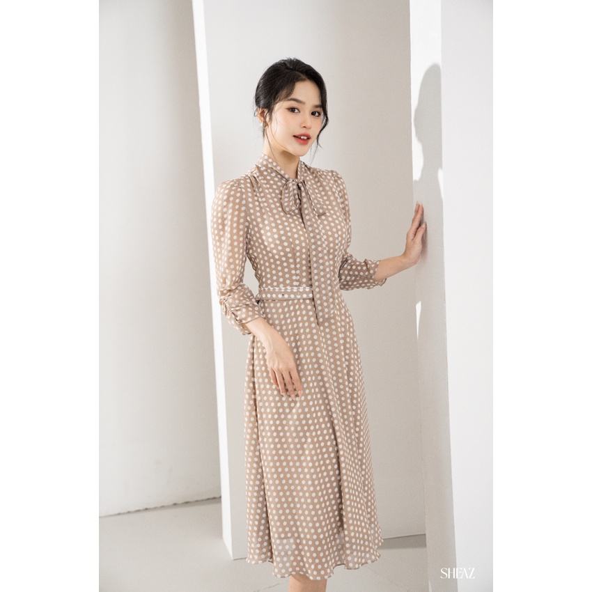 SHEAZ Đầm váy tơ chấm bi nâu trắng nhạt vintage cổ dây nơ tay lỡ midi dài qua đầu gối