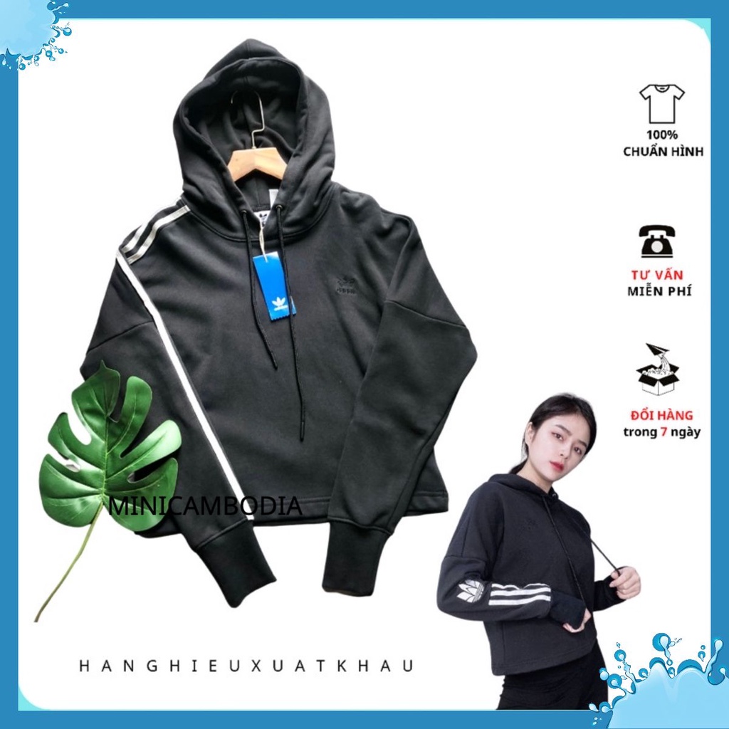 (HÀNG XUẤT) Áo Hoodie Nư , Áo nỉ das đen 1774 Aicolor 3D Trefoil Crop Hoodie Made in Cambodia full tag code SIZE S M L
