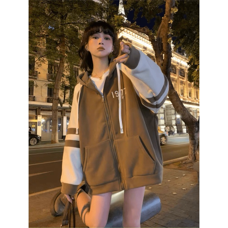 Áo Khoác Nữ Dây Khóa Kéo 1977 Vải Nỉ Dày Mịn Có Nớn Lớn pjoois Sọc Tay Siêu Hot NEW UNISEX