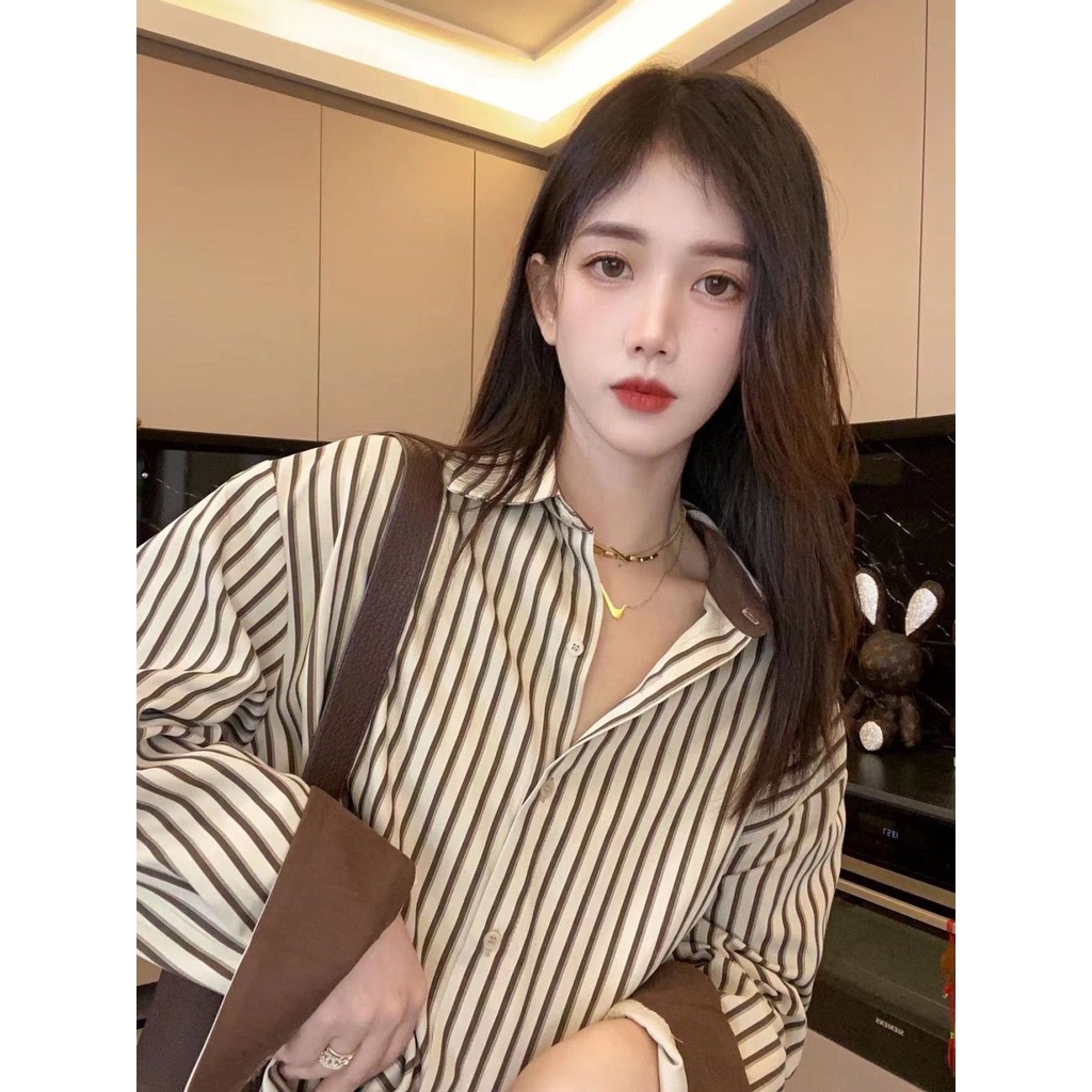 Áo Sơ Mi Dài Tay Họa Tiết Kẻ Sọc Thiết Kế Mới Thời Trang Theo Phong Cách Retro Cho Nữ