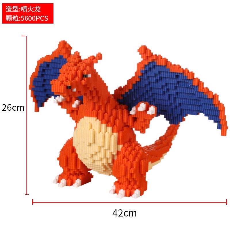 Le go pokemon đuôi lửa cỡ lớn size to 28cm, rồng lửa Charizard 26cm  đồ chơi xếp hình nano 3d cho bé chuẩn mẫu