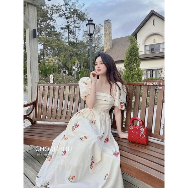 Đầm maxi hoa cổ vuông tay phồng ngực xếp ly sang trọng VIENS STORE