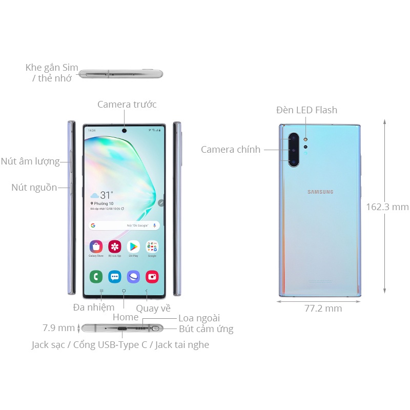 Điện thoại Samsung Galaxy Note 10+ hàng chính hãng, bộ nhớ 512GB, bảo hành 12 tháng, tặng phụ kiện
