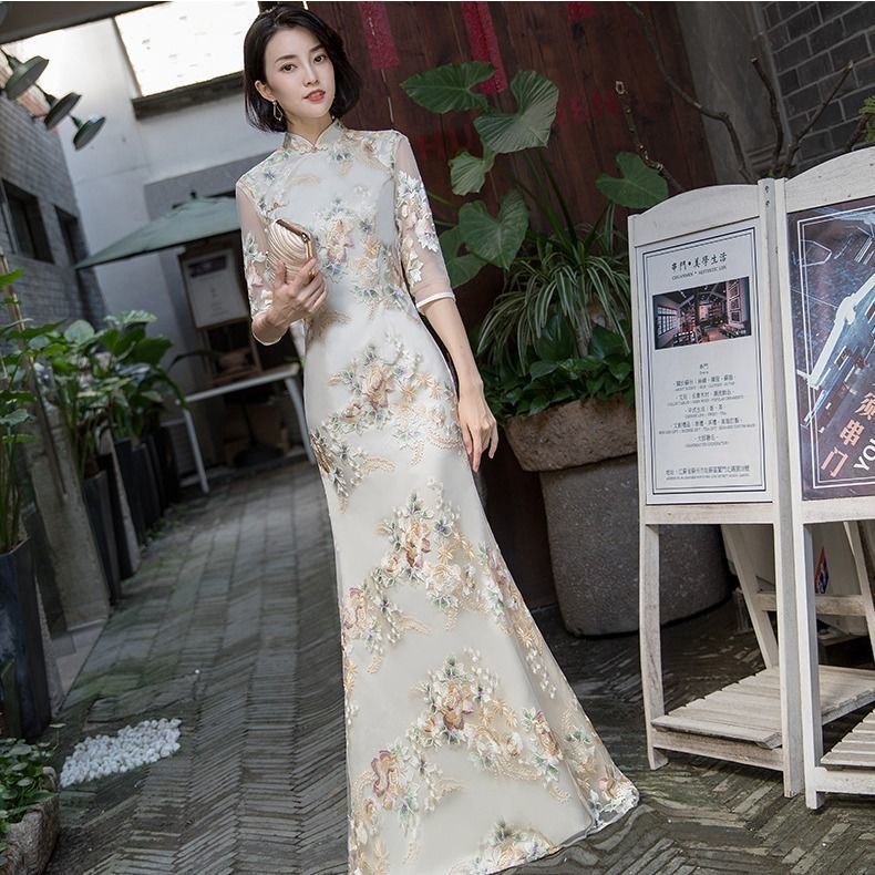 2C-V-24K Cao Cấp Phong Cách Cao Quý Mới Nữ Cải Tiến Sườn Xám Phong Cách Mới Cô Gái Ôm Dài Phong Cách