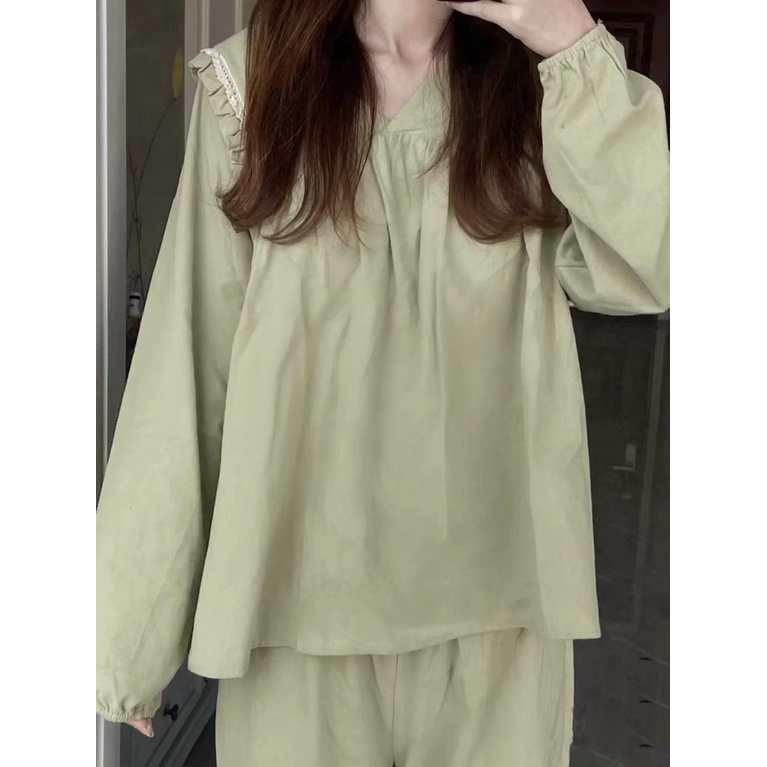 Bộ Đồ Ngủ Tay Dài Phối Ren Màu Trơn Phong Cách Nhật Bản Thời Trang Mùa Thu Hàng Mới 2023