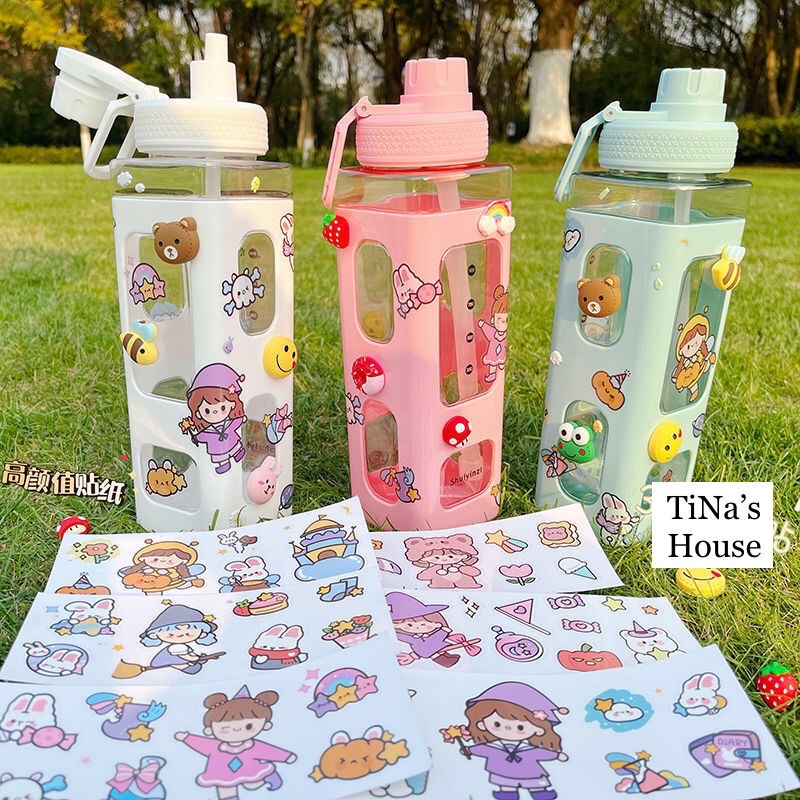 Bình đựng nước detox có khay lọc trà hoặc hoa quả nhựa 2 lớp có ống hút tiện lợi 700ml - TiNa’s House