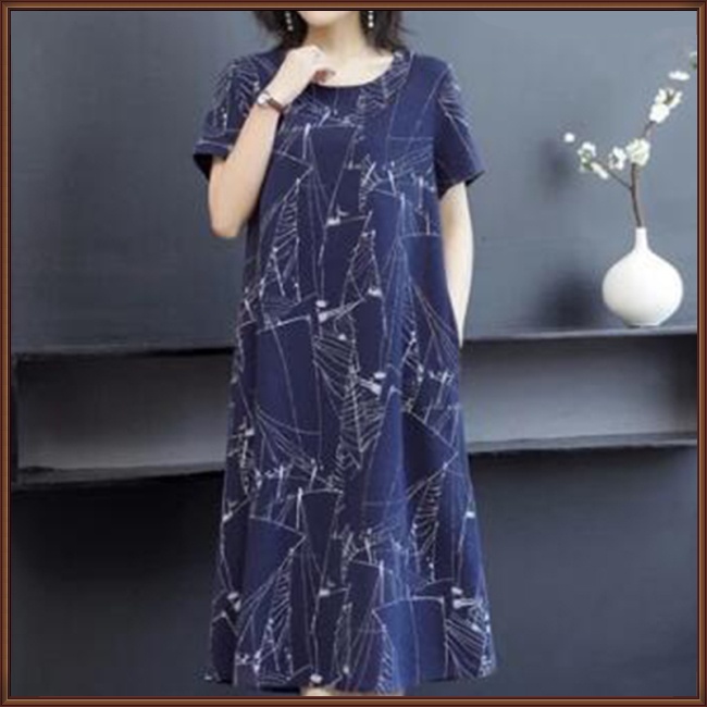 Đầm Midi Tay Ngắn Cổ Tròn In Họa Tiết Trừu Tượng Phong Cách Cổ Điển Thời Trang Cho Nữ