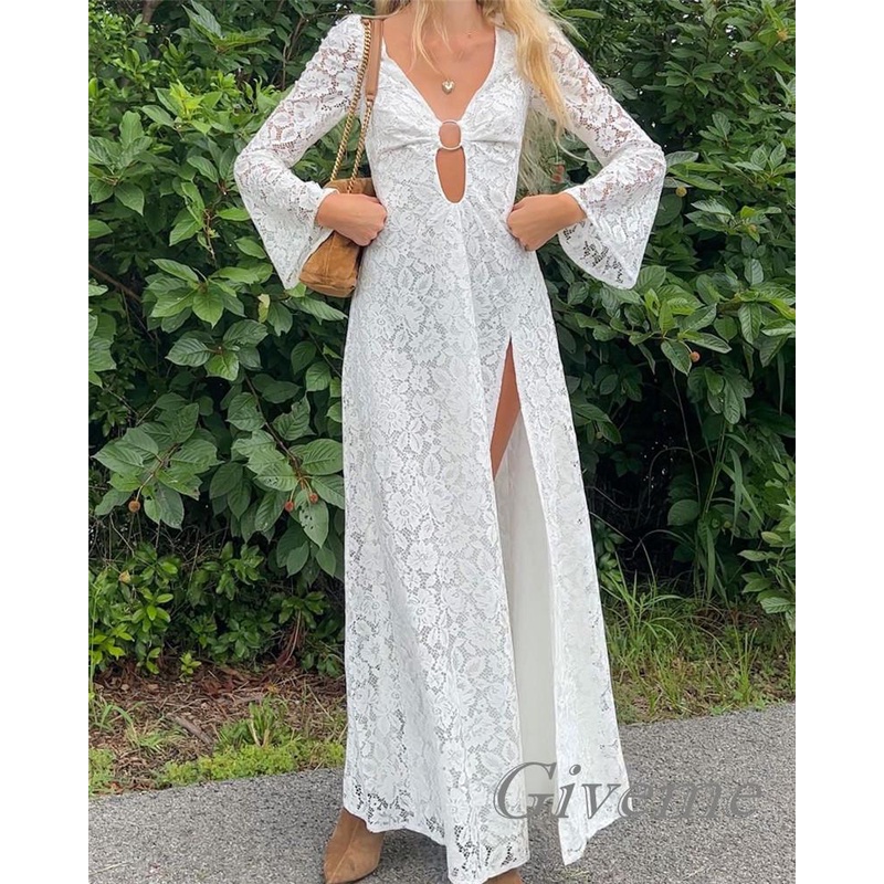 Đầm Ren Trắng Dáng Dài Cổ V Xẻ Tà Cao Tay Dài Hở Lưng Quyến Rũ Cho Nữ