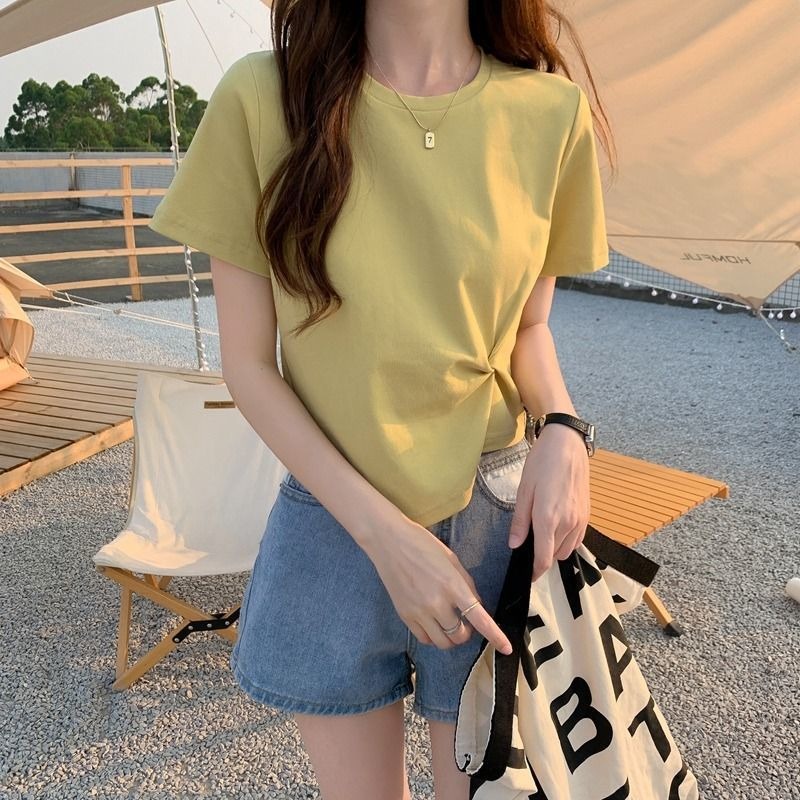Linki ❆ Áo Thun Ngắn Tay Màu Trơn Thiết Kế Lệch Tà Thời Trang Cho Nữ