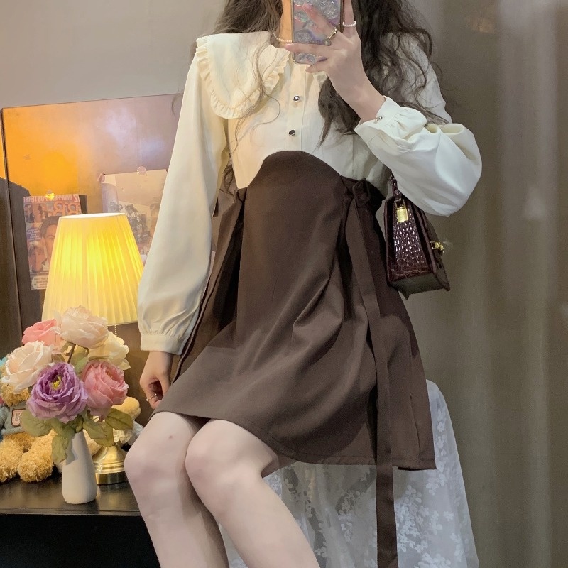 Đầm Dài Tay Cổ Búp Bê Giả Hai Lớp Phong Cách Phương Tây Thời Trang Xuân Thu Cho Nữ