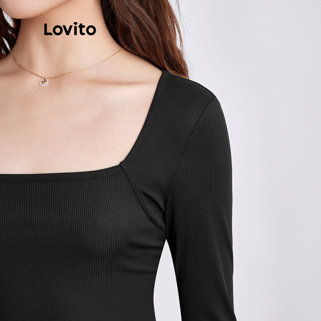 Áo thun Lovito cổ vuông tay dài màu trơn phong cách thường ngày dễ chăm sóc cho nữ L39ED007 (đen)